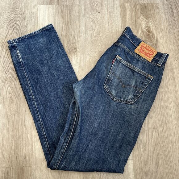 Levis 501 Jeans Mens 33x36 (33x35) Distressed Blue Denim Button Fly Straight Leg - Picture 1 of 13